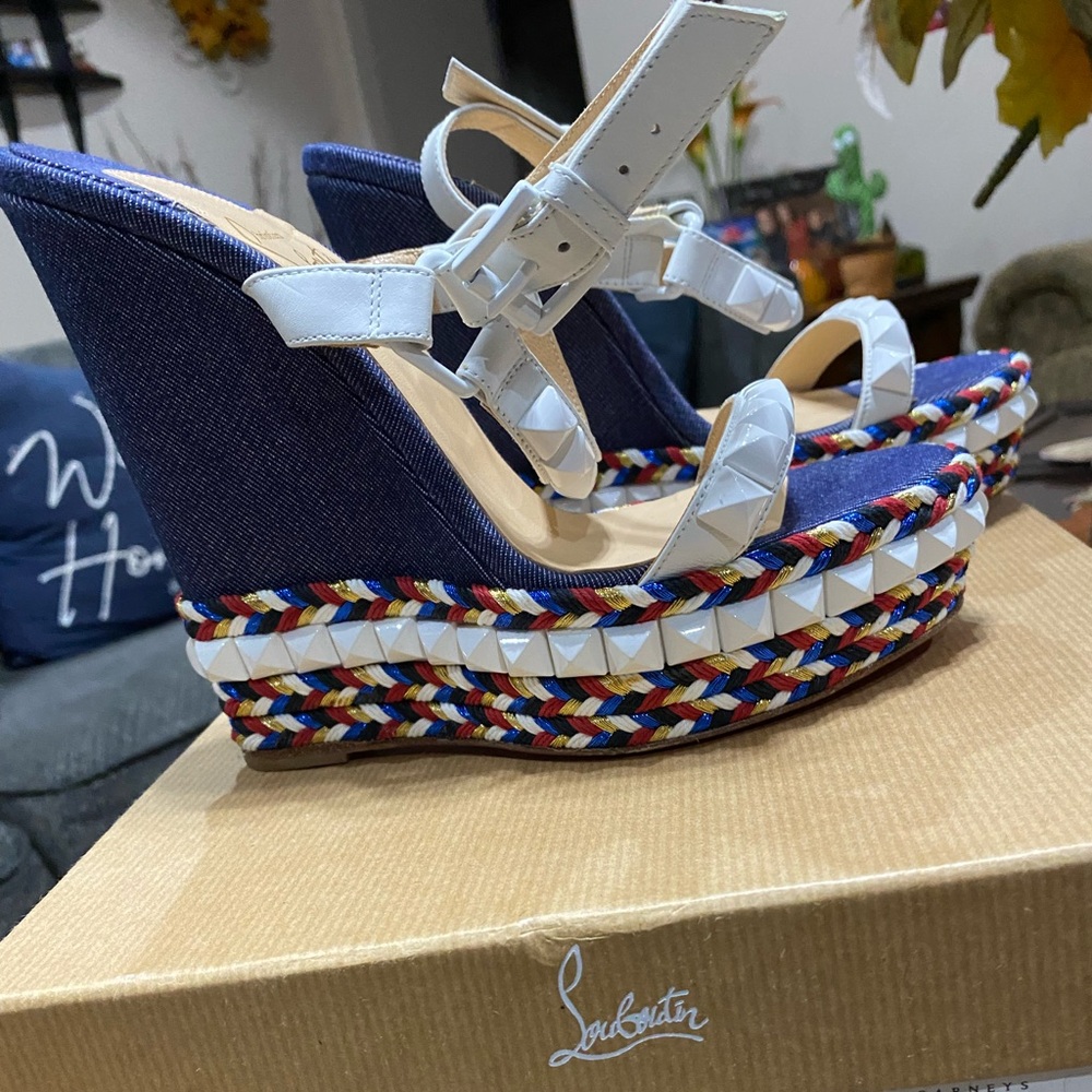 Christian Louboutin Blue Cataclou Embroidery Denim Studded Espadrille Sandals